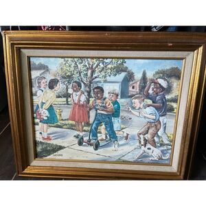Nicasio painting on canvas. 1975.. signed black and white children playing.